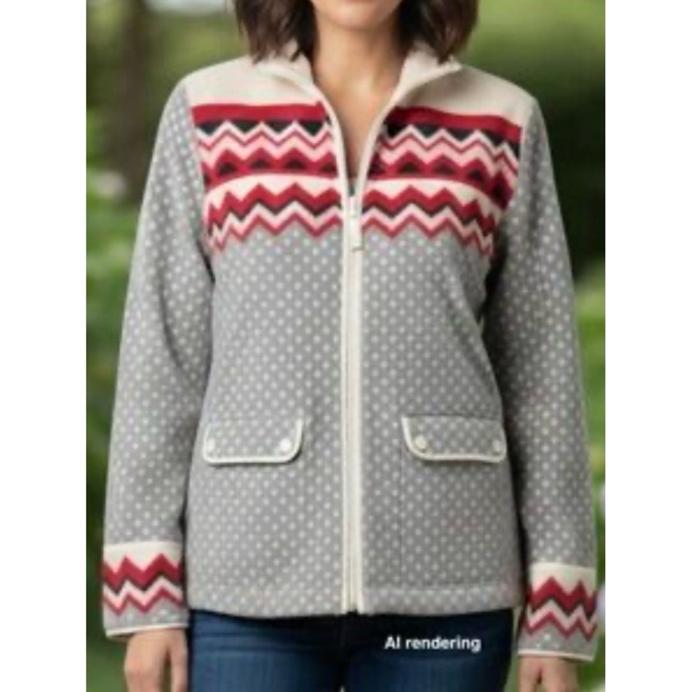 Talbots Womens Grey Polka Dot‎ Chevron Fair Isle Full Zip Fleece Jacket Size L